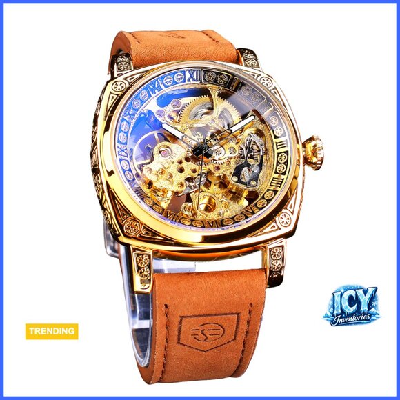 Square Skeleton Automatic Watch with Genuine Leather Strap